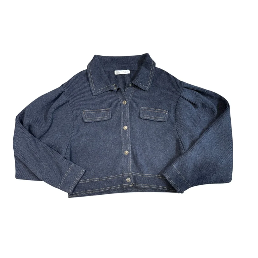 Zara Heavy Knit Cropped Jacket | Quiet Luxury Navy - Picture 2 of 11